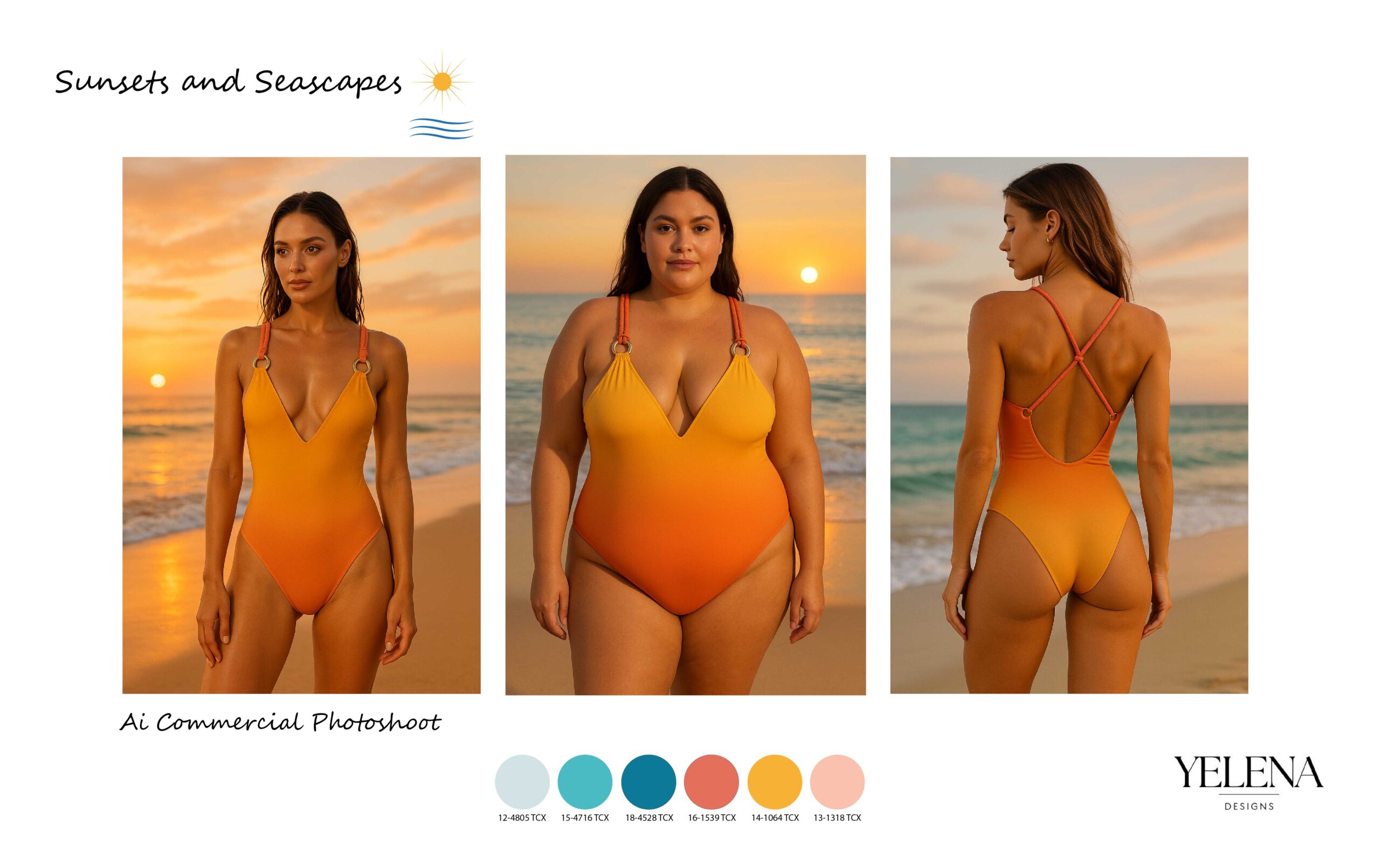 AI commercial photoshoot of sunsets and seascapes swimsuit design 